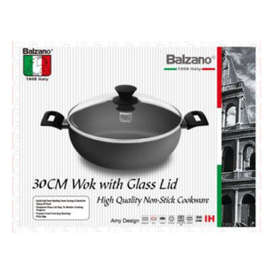 BALZANO Hard Stone Wok With Glass Lid 30 X 10cm/ 32 X 11cm